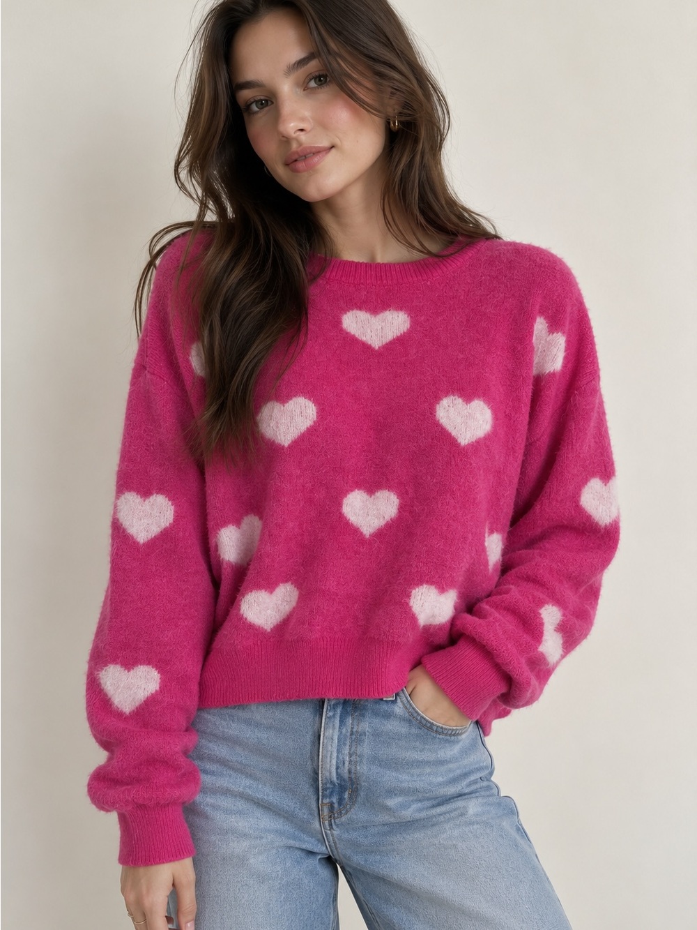 Altar'd State Hot Pink & White Heart Valentine Sweater Size Small